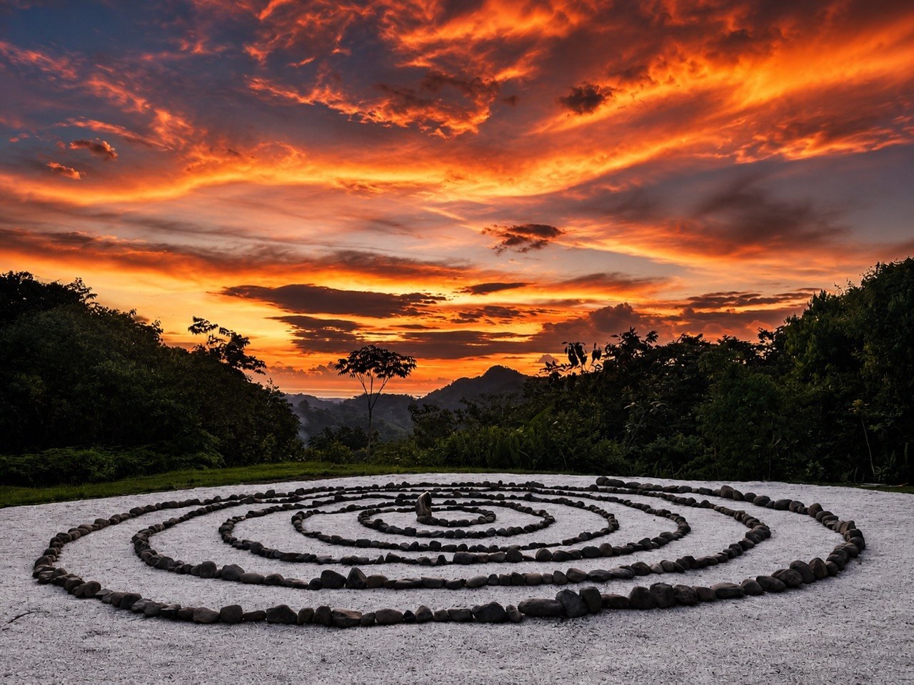 Stone spiral labyrinth at Castillo del Sol at sunset