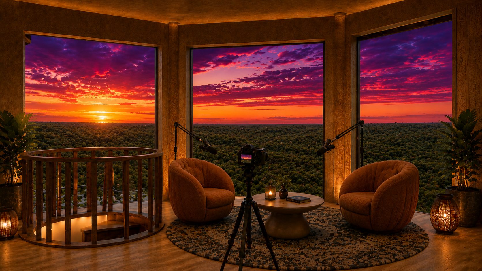 Podcast studio at Castillo del Sol with two chairs facing the jungle at sunset