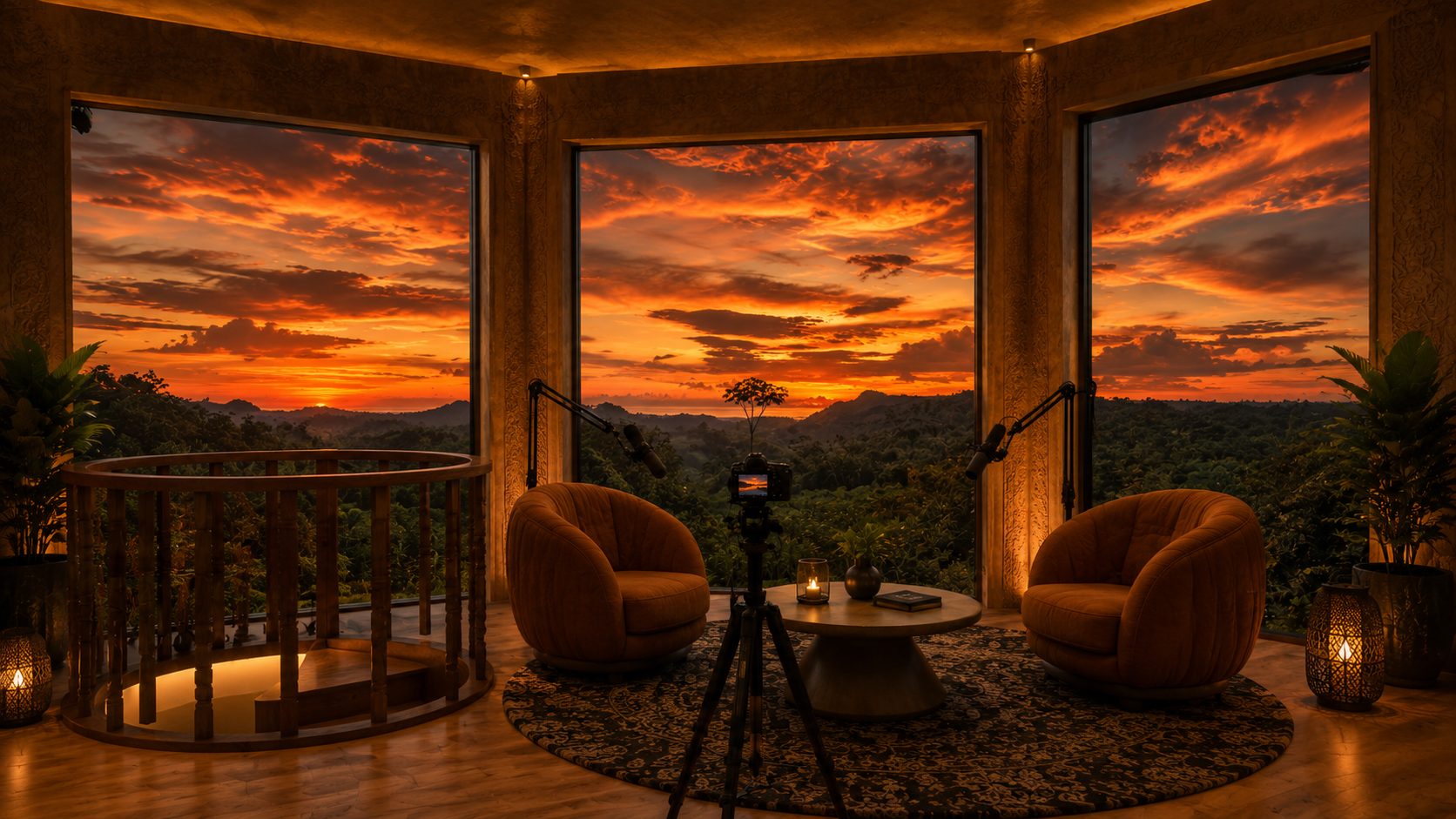 Warm sunset light filling the podcast studio at Castillo del Sol
