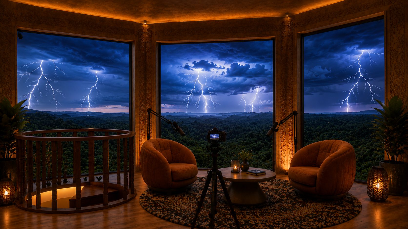 Night lightning over the jungle seen from the podcast studio at Castillo del Sol