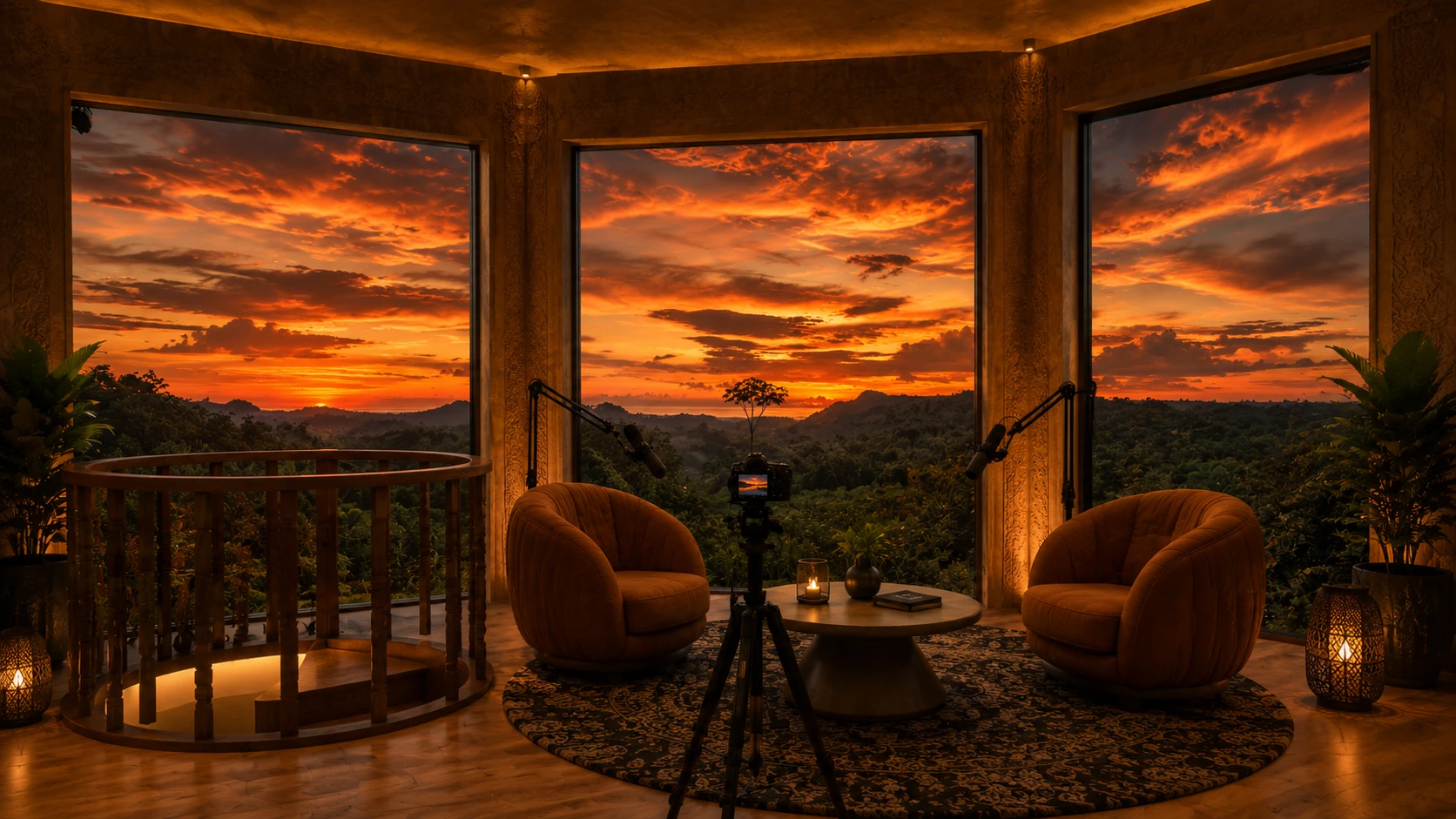 Amber sunset over jungle hills behind the two studio chairs at Castillo del Sol