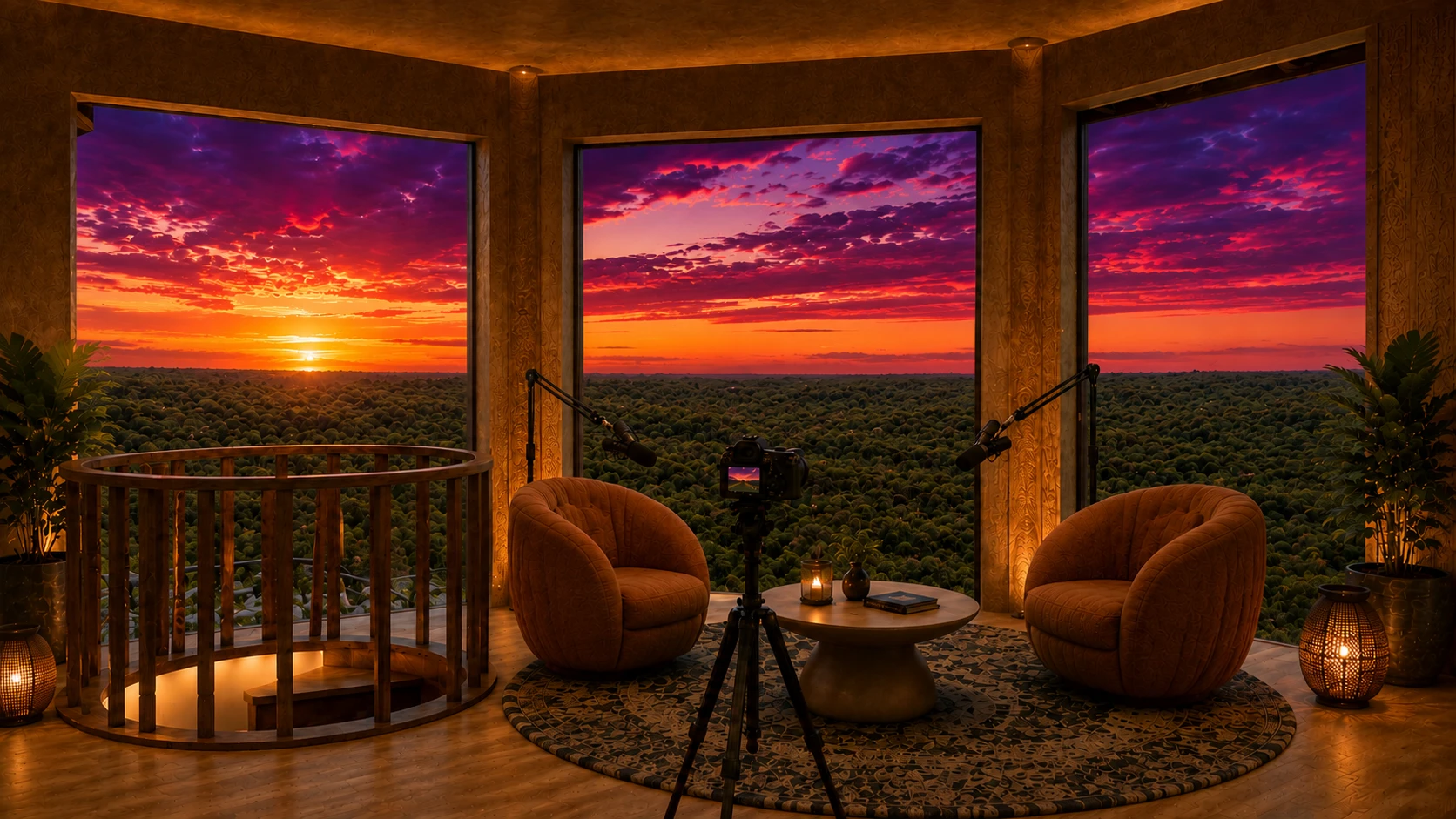 Violet and orange sunset over the rainforest seen from the podcast studio at Castillo del Sol