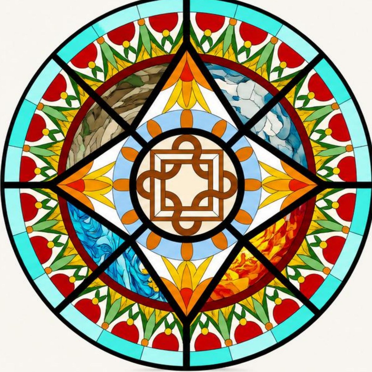 The Mother Earth stained glass design with the four elements and botanical motifs