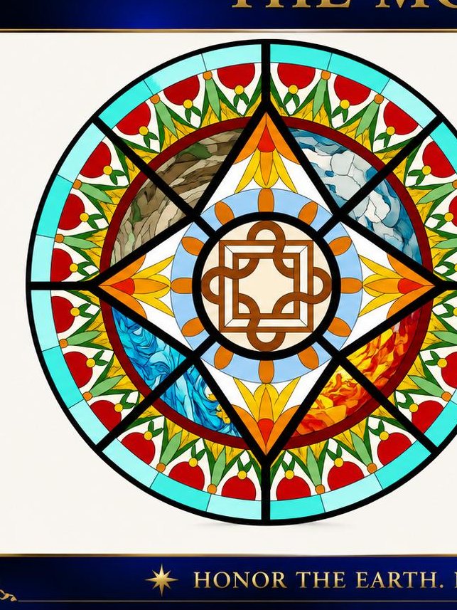 The Mother Earth stained glass design with the four elements and botanical motifs