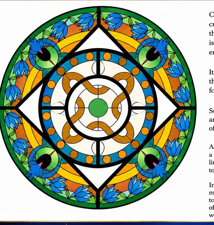 The Gate of Awakening stained glass mandala with eagles, cat eyes and blue lotus