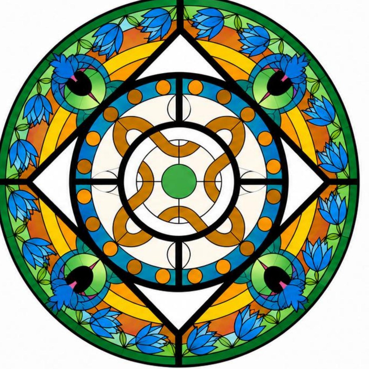 The Gate of Awakening stained glass mandala with eagles, cat eyes and blue lotus