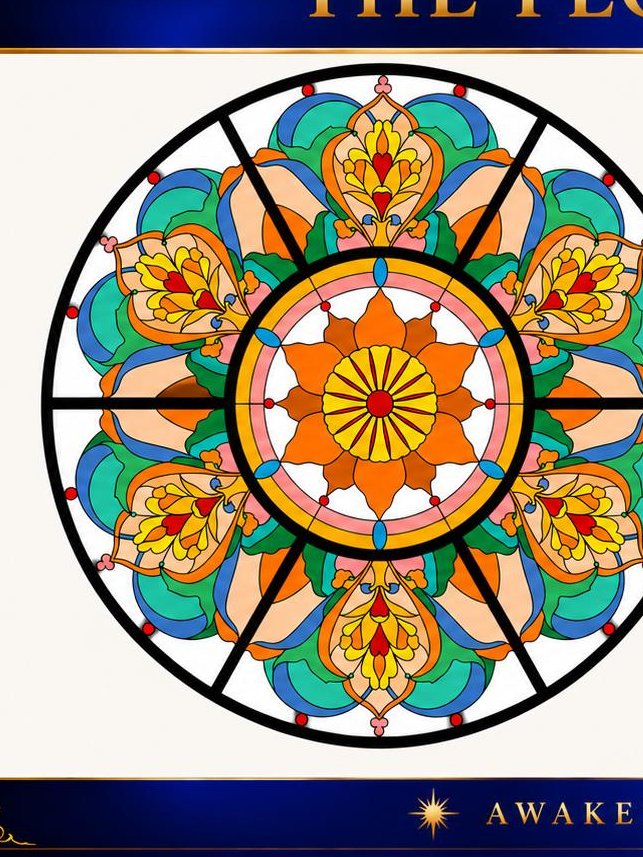 The Flower of Joy stained glass mandala in orange, green and blue