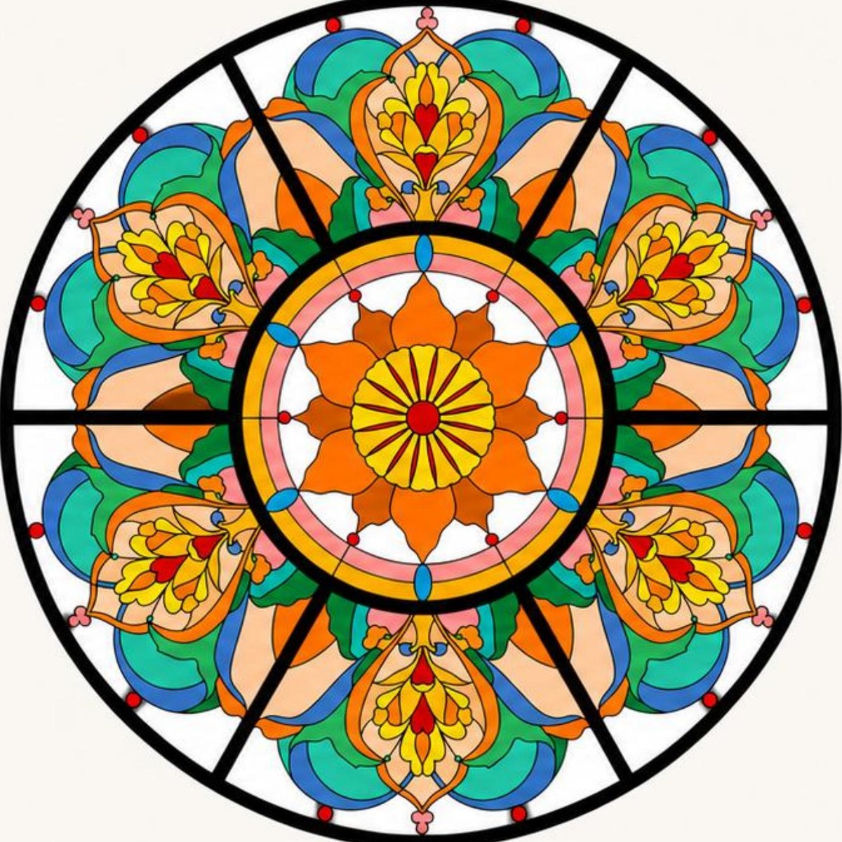 The Flower of Joy stained glass mandala in orange, green and blue
